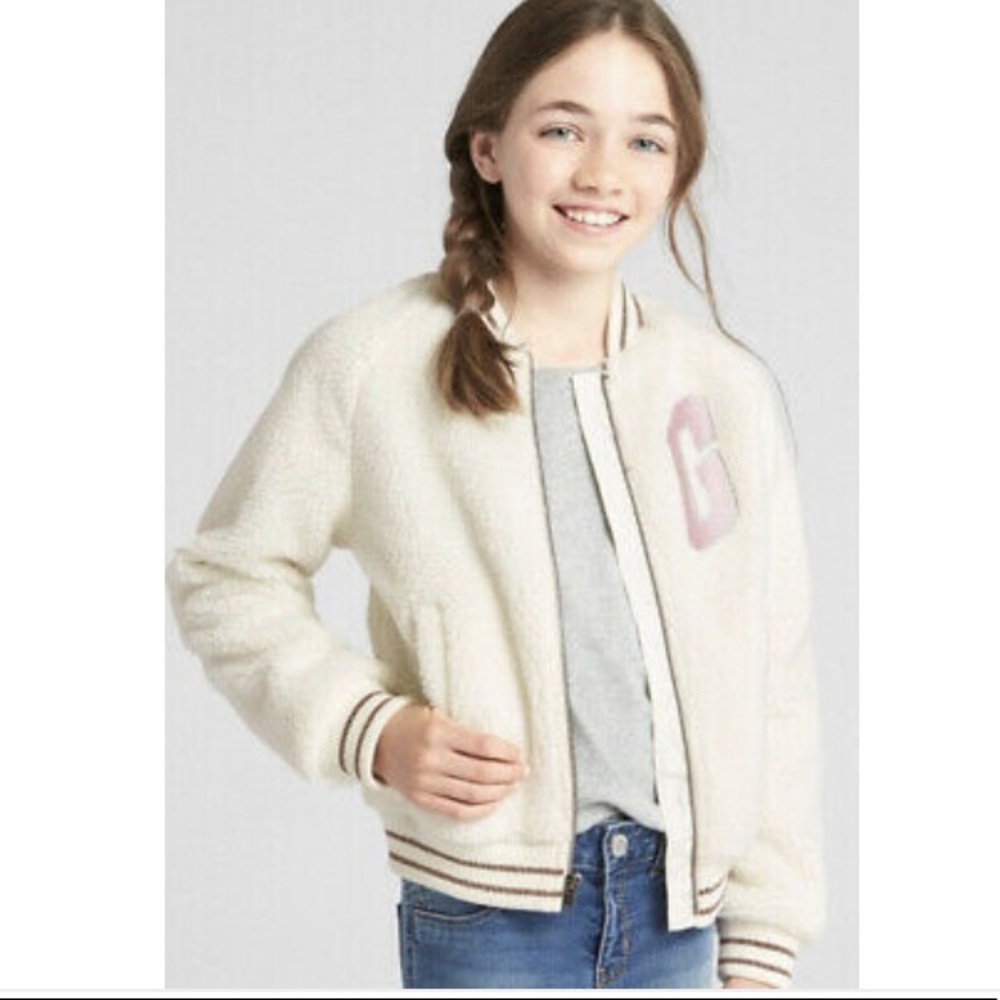 GAP Cream Sherpa Bomber Jacket with Pink Patch Letter